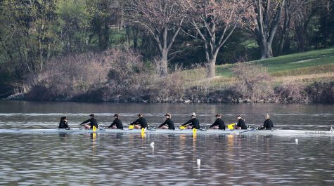 On the lake on Saturday, April 24, 2021. University of Iowa 2 Novice 8 rowing team gets an early warmup.  The Hawkeyes won with a time of 7:14.50 over the Badgers time 7:24.91 and the Gophers time 7:34.51.