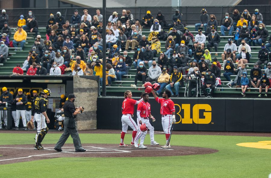 Maryland shortstop Benjamin Cowles celebrates a three run home run during a baseball game between Iowa and Maryland on Saturday, April 24, 2021 at Duane Banks Field. The Terrapins defeated the Hawkeyes 8-6. 
