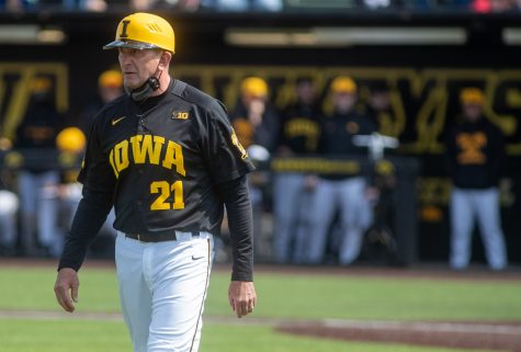 Iowa head coach Rick Heller walks back to the coaching box after disputing a call with the home plate umpire during a baseball game between Iowa and Maryland on Saturday, April 24, 2021 at Duane Banks Field. The Terrapins defeated the Hawkeyes 8-6.