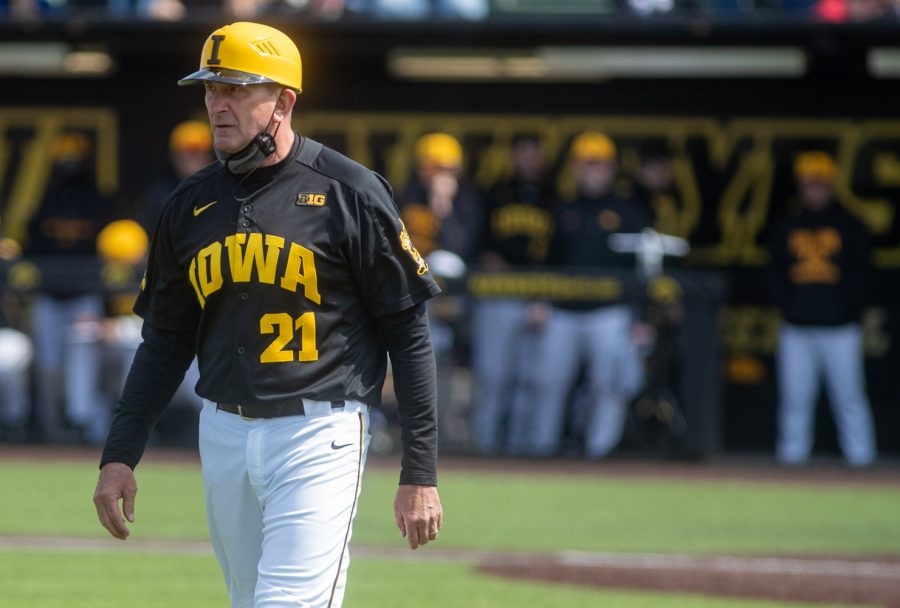 Iowa+head+coach+Rick+Heller+walks+back+to+the+coaching+box+after+disputing+a+call+with+the+home+plate+umpire+during+a+baseball+game+between+Iowa+and+Maryland+on+Saturday%2C+April+24%2C+2021+at+Duane+Banks+Field.+The+Terrapins+defeated+the+Hawkeyes+8-6.