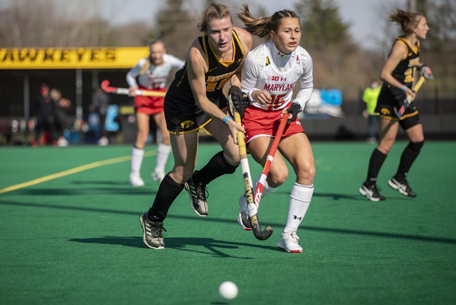 Iowa+midfielder+Esme+Gibson+and+Maryland+midfielder+Emma+Deberdine+run+toward+the+ball+during+the+first+quarter+of+a+field+hockey+game+between+Iowa+and+Maryland+on+Friday%2C+April+2%2C+2021+at+Grant+Field.+The+Hawkeyes+were+defeated+by+the+Terrapins%2C+1-0.+