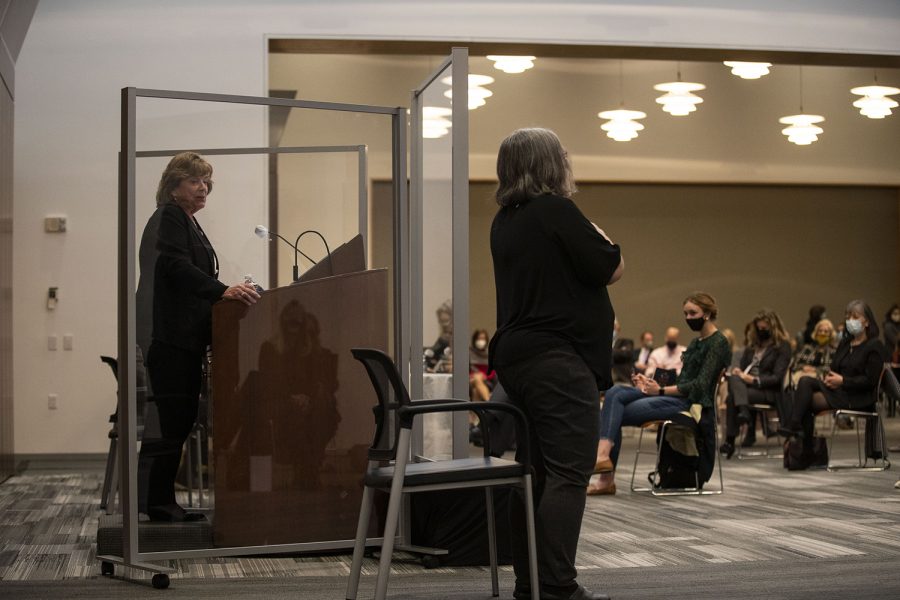 University of Iowa Presidential Candidate Barbara Wilson addresses the audience during the second UI Presidential Forum in the Levitt Center for University Advancement on Thursday, April 15, 2021. Wilson is currently the executive vice president and vice president for Academic Affairs for the University of Illinois System. 