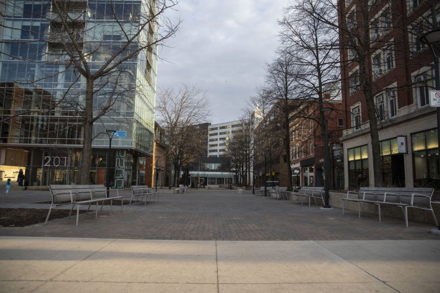 The Ped Mall is seen on Saturday, April 4, 2020. Downtown was quiet during the first weekend after spring break as classes have been moved online and the bars closed due to coronavirus. (Katie Goodale/The Daily Iowan)