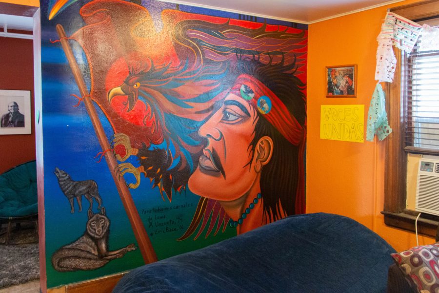 A mural in the Latino Native American Cultural Center is seen at 308 Melrose Ave. in Iowa City, IA. The mural was restored in 2001, but lost its original colors and the original artists name. Established in 1971, the center celebrates its 50th anniversary this year. 