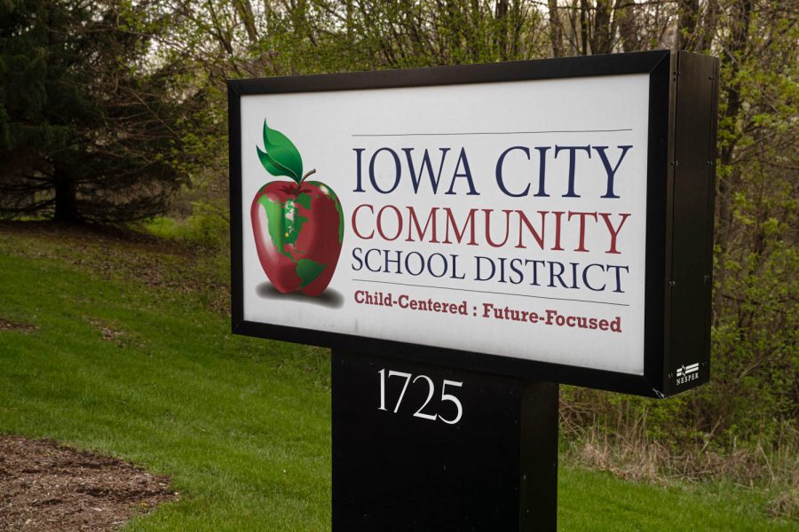 A sign for the Iowa City Community School District is seen outside the district's administration building on Tuesday, April 28. 