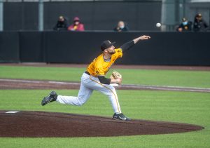 Iowa pitcher Cam Baumann throws a pitch during a baseball game between Iowa and Northwestern on Sunday, April 25, 2021 at Duane Banks Field. The Hawkeyes defeated the Wildcats 15-4. (Jerod Ringwald/The Daily Iowan)