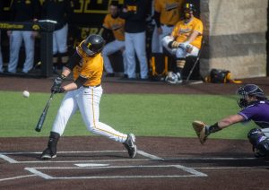 Iowa right fielder Zeb Adreon connects for a base hit during a baseball game between Iowa and Northwestern on Sunday, April 25, 2021 at Duane Banks Field. The Hawkeyes defeated the Wildcats 15-4. (Jerod Ringwald/The Daily Iowan)