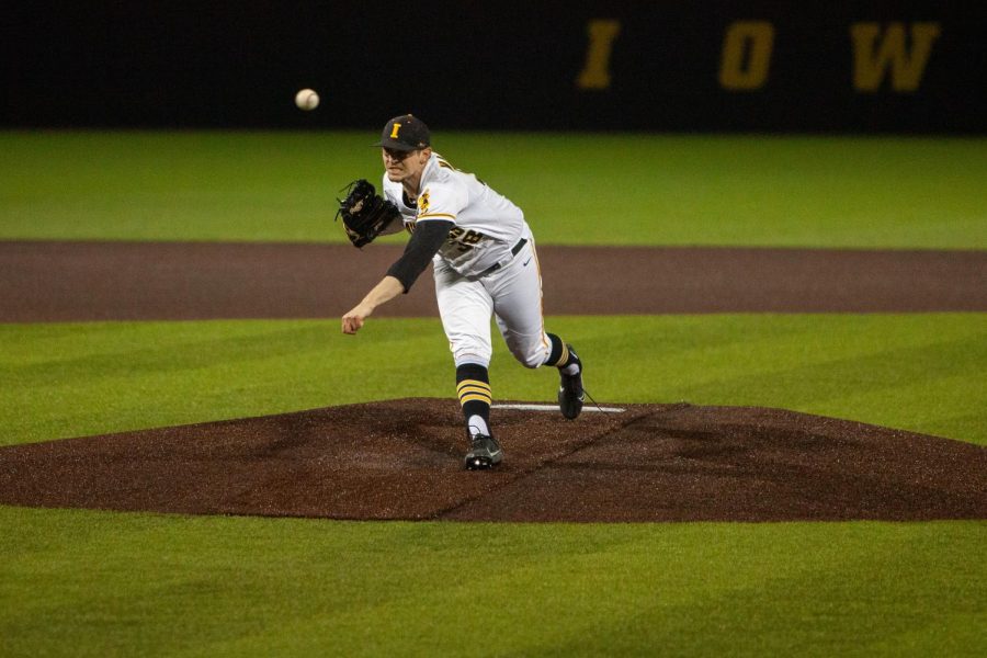 Iowa Trenton Wallace pitches during a baseball game between Iowa and Maryland on Friday, April 23, 2021 at Duane Banks Baseball Stadium. The Hawkeyes beat the Terrapins 6-2. (Ayrton Breckenridge/The Daily Iowan) 