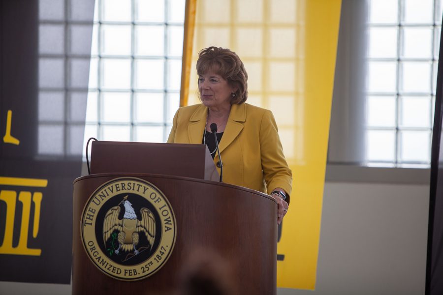 The new University of Iowa President Barbara Wilson dresses reporters in the Levitt Center for University Advancement on April 30, 2021. Wilson becomes the 22nd president for the University of Iowa and was previously the Executive Vice President and Vice President for Academic Affairs for the University of Illinois. (Ayrton Breckenridge/The Daily Iowan)