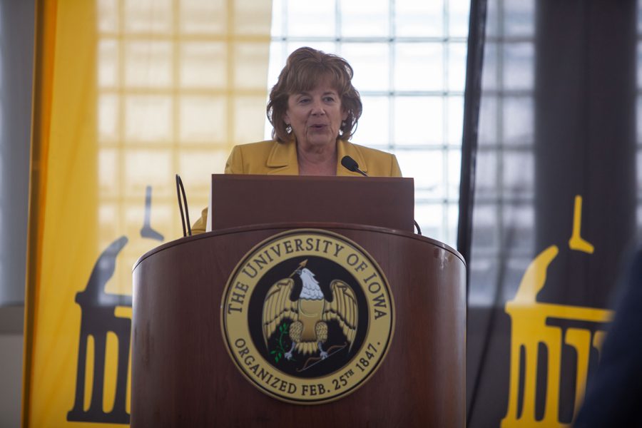 The new University of Iowa President Barbara Wilson dresses reporters in the Levitt Center for University Advancement on April 30, 2021. Wilson becomes the 22nd president for the University of Iowa and was previously the Executive Vice President and Vice President for Academic Affairs for the University of Illinois. (Ayrton Breckenridge/The Daily Iowan)