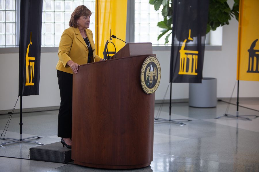 The new University of Iowa President Barbara Wilson dresses reporters in the Levitt Center for University Advancement on April 30, 2021. Wilson becomes the 22nd president for the University of Iowa and was previously the Executive Vice President and Vice President for Academic Affairs for the University of Illinois. (Ayrton Breckenridge/The Daily Iowan)