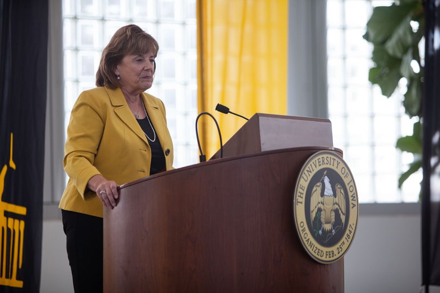 The new University of Iowa President Barbara Wilson dresses reporters in the Levitt Center for University Advancement on April 30, 2021. Wilson becomes the 22nd president for the University of Iowa and was previously the Executive Vice President and Vice President for Academic Affairs for the University of Illinois. (Ayrton Breckenridge/The Daily Iowan)