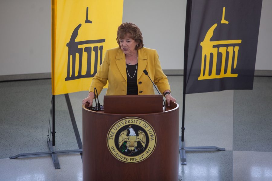 The new University of Iowa President Barbara Wilson dresses reporters in the Levitt Center for University Advancement on April 30, 2021. Wilson becomes the 22nd president for the University of Iowa and was previously the Executive Vice President and Vice President for Academic Affairs for the University of Illinois. (Ayrton Breckenridge/The Daily Iowan)