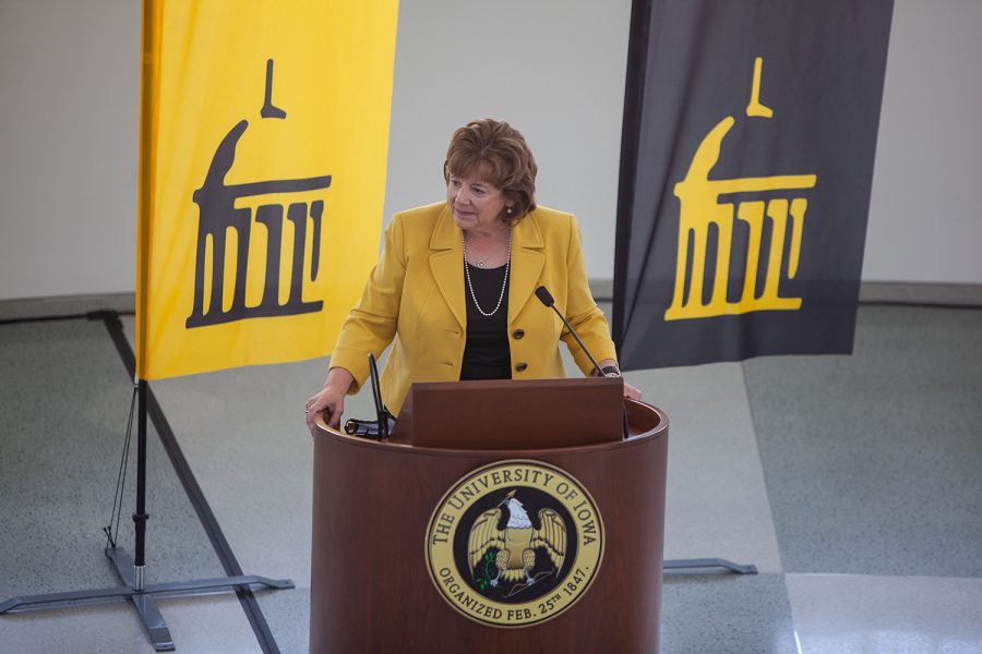 The new University of Iowa President Barbara Wilson dresses reporters in the Levitt Center for University Advancement on April 30, 2021. Wilson becomes the 22nd president for the University of Iowa and was previously the Executive Vice President and Vice President for Academic Affairs for the University of Illinois. (Ayrton Breckenridge/The Daily Iowan)