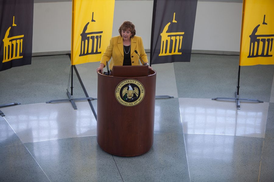 The new University of Iowa President Barbara Wilson dresses reporters in the Levitt Center for University Advancement on April 30, 2021. Wilson becomes the 22nd president for the University of Iowa and was previously the Executive Vice President and Vice President for Academic Affairs for the University of Illinois. (Ayrton Breckenridge/The Daily Iowan)