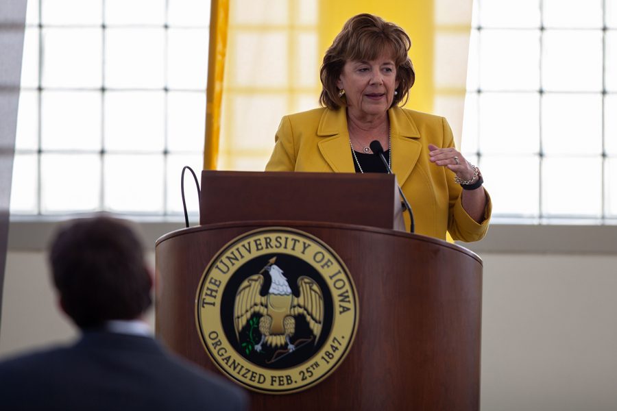 The new University of Iowa President Barbara Wilson dresses reporters in the Levitt Center for University Advancement on April 30, 2021. Wilson becomes the 22nd president for the University of Iowa and was previously the Executive Vice President and Vice President for Academic Affairs for the University of Illinois. (Ayrton Breckenridge/The Daily Iowan)