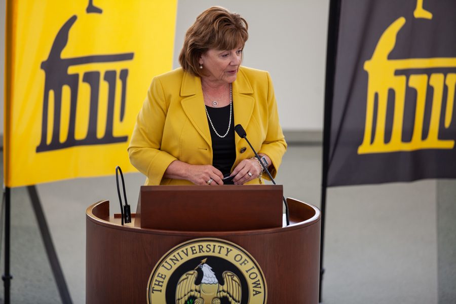 The new University of Iowa President Barbara Wilson dresses reporters in the Levitt Center for University Advancement on April 30, 2021. Wilson becomes the 22nd president for the University of Iowa and was previously the Executive Vice President and Vice President for Academic Affairs for the University of Illinois. (Ayrton Breckenridge/The Daily Iowan)