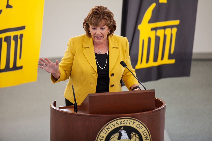 The new University of Iowa President Barbara Wilson addresses reporters in the Levitt Center for University Advancement on April 30, 2021. Wilson becomes the 22nd president for the University of Iowa and was previously the Executive Vice President and Vice President for Academic Affairs for the University of Illinois. (Ayrton Breckenridge/The Daily Iowan)