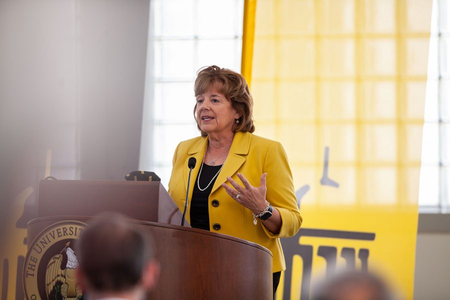 The new University of Iowa President Barbara Wilson dresses reporters in the Levitt Center for University Advancement on April 30, 2021. Wilson becomes the 22nd president for the University of Iowa and was previously the Executive Vice President and Vice President for Academic Affairs for the University of Illinois. (Ayrton Breckenridge/The Daily Iowan)