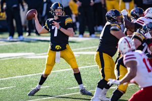 Iowa quarterback Spencer Petras attempts a pass during a football game between Iowa and Nebraska at Kinnick Stadium on Friday, Nov. 27, 2020. The Hawkeyes defeated the Cornhuskers, 26-20. 
