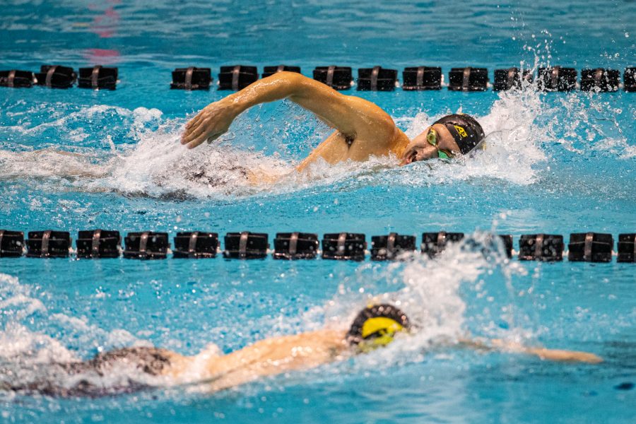 Iowas Ricky Williams competes in the 1000m freestyle during a swim meet at the Campus Recreation and Wellness Center on Saturday, Jan. 16, 2021. The womens team hosted Nebraska while the mens team had an intrasquad scrimmage. 
