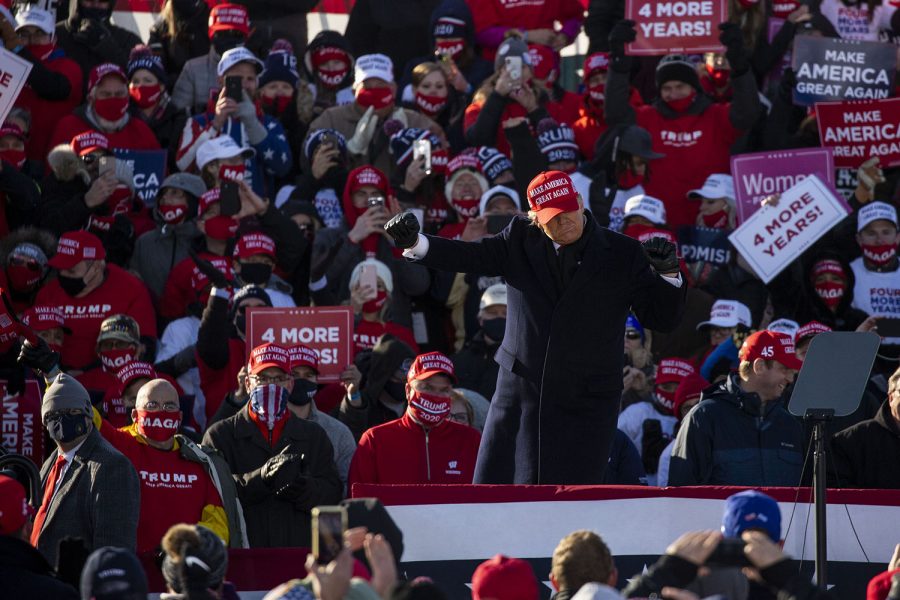 President Donald Trump dances during a “Make America Great Again” rally held at the Dubuque Regional Airport on Sunday, November 1, 2020. With two days before Election Day, this is President Trump’s second stop to Iowa in the past few weeks. 