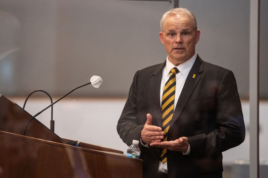 Dean of the UI College of Education Daniel Clay addresses spectators and answers questions at the Levitt Center for University Advancement on Thursday, April 22, 2021. Clay is one of four finalists to become the next president of the University of Iowa.