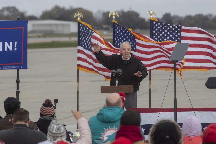 Sen. Chuck Grassley addresses the crowd during a rally for Vice President Mike Pence at the Des Moines International Airport on Thursday, Oct. 29, 2020. Vice President Pence discussed several topics including religion, Supreme Court Judge Amy Coney Barrett, and the importance of voting. The election is in five days. (Katie Goodale/The Daily Iowan)