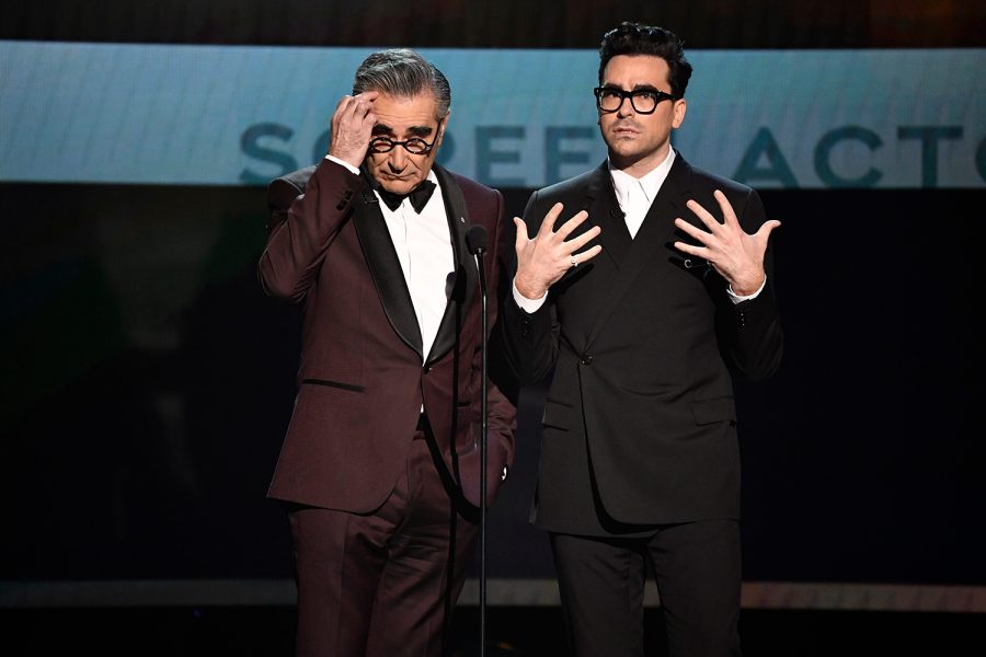 Eugene Levy, left, and Dan Levy deliver opening remarks during the 26th Annual Screen Actors Guild Awards at the Shrine Auditorium. (Robert Hanashiro/USA Today) 