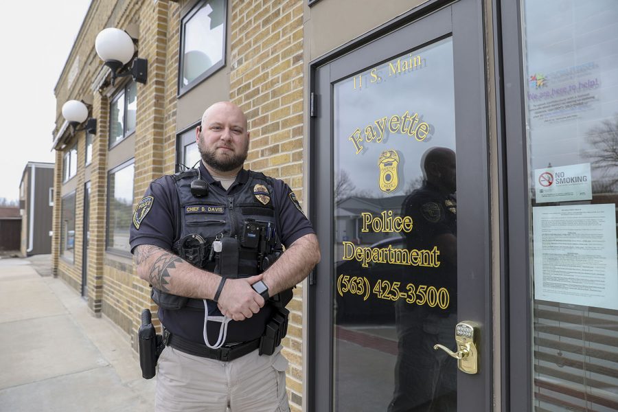 Ben Davis, chief of police, stands outside the Fayette Police Department on Thursday, April 8, 2021. The town of 1200 has a four-person police department, which is responsible for public safety within the city limits and on the Upper Iowa University campus. 