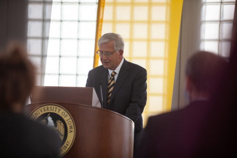 Iowa Board of Regents President Mike Richards announces Barbara Wilson as the new University of Iowa President at a press conference in the Levitt Center for University Advancement on April 30, 2021.