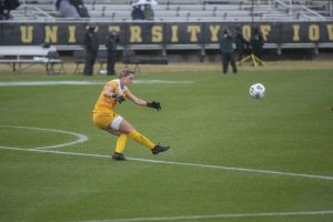 Iowa goalkeeper, Macy Enneking, kicks the ball to her teammates during the Iowa women’s soccer match versus Penn State at the Iowa Soccer Complex on Thursday, March 25, 2021. The Nittany Lions defeated the Hawkeyes, 1-0.