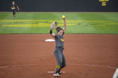 Iowa pitcher, Lauren Shaw, pitches the ball during the Iowa softball game v. Northwestern at Pearl Field on Friday, April 16, 2021. The Wildcats defeated the Hawkeyes with a score of 7-0. (Grace Smith/The Daily Iowan)