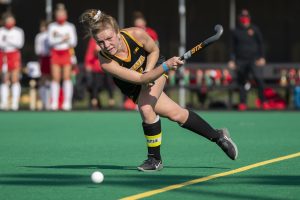 Iowa midfielder Nikki Freeman passes the ball during the second quarter of a field hockey game against Maryland on Friday, April 2, 2021 at Grant Field. The Hawkeyes were defeated by the Terrapins, 1-0.