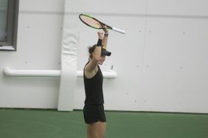 UI senior Elise van Heuvelen Treadwell pumps her fists after winning her singles match at the womens tennis meet against Nebraska on Sunday, March 28, 2021. The meet was the labeled as senior day, which was also the 2021 home finale meet. The Hawkeyes defeated the Nebraska Huskers 4-2.