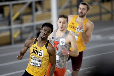 Iowa sprinter Wayne Lawrence Jr. leads the pack in the 400m dash premier during the second day of the Larry Wieczorek Invitational on Saturday, Jan. 23, 2021 at the University of Iowa Recreation Building. Lawrence won with a time of 46.28. Due to coronavirus restrictions, the Hawkeyes could only host Big Ten teams. Iowa men took first, scoring 189, and women finished third with 104 among Minnesota, Wisconsin, Nebraska, and Illinois.