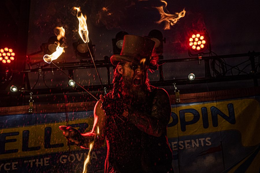 Performer, Bryce Graves aka “The Govna”  performs as part of Hellzapoppin Circus Sideshow Revue at Wildwood Saloon on Saturday, April 3, 2021. Hellzapoppin is a touring act harkening back to the days of circus freak shows updating the concept for a modern audience.