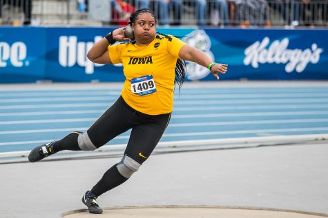 Iowas Laulauga Tausaga winds up to throw during the womens shot put at the 2019 Drake Relays in Des Moines, IA, on Friday, April 26, 2019. Tausaga earned 2nd with a distance of 16.36m. 