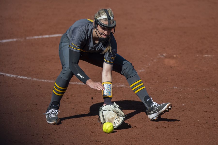 Iowa+right+handed+pitcher+Allison+Doocy+catches+a+ground+ball+during+a+softball+game+against+Nebraska+on+Friday%2C+May+7%2C+2021+at+Pearl+Field.+The+Hawkeyes+defeated+the+Huskers%2C+1-0.