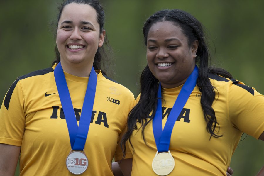University of Iowa sophomore, Konstadina Spanoudakis (left) and Junior, Laulauga Tausaga (right), receive medals for competing in the womens discus during the third day of the Big Ten Track and Field Outdoor Championships at Cretzmeyer Track on Sunday, May 12, 2019.  Laulauga Tausaga placed first, and Konstadina Spanoudakis placed second in womens discus. 