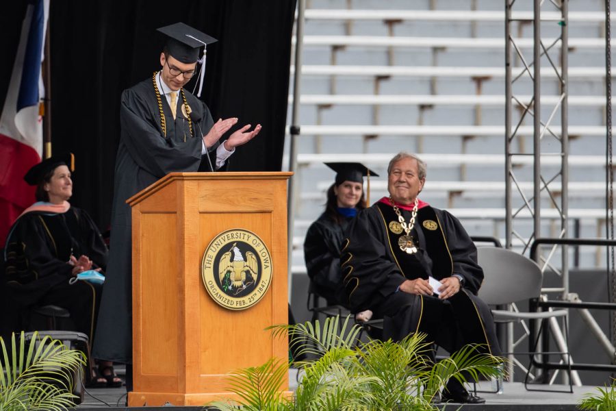 Connor Wooff, the University of Iowa’s student government President, gives a speech during the University of Iowa’s celebration of graduates Sunday, May 16, 2021, at Kinnick Stadium. (Kate Heston/The Daily Iowan)