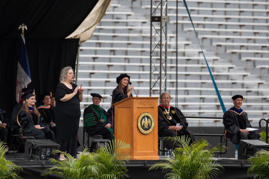 Mackenzie Graham, the Graduate and Professional student government President, gives a speech during the University of Iowa’s celebration of graduates Sunday, May 16, 2021, at Kinnick Stadium. (Kate Heston/The Daily Iowan)