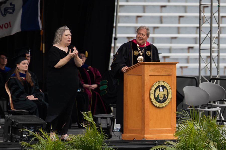 President Bruce Herald gives a speech during the University of Iowa’s celebration of graduates Sunday, May 16, 2021, at Kinnick Stadium. (Kate Heston/The Daily Iowan)