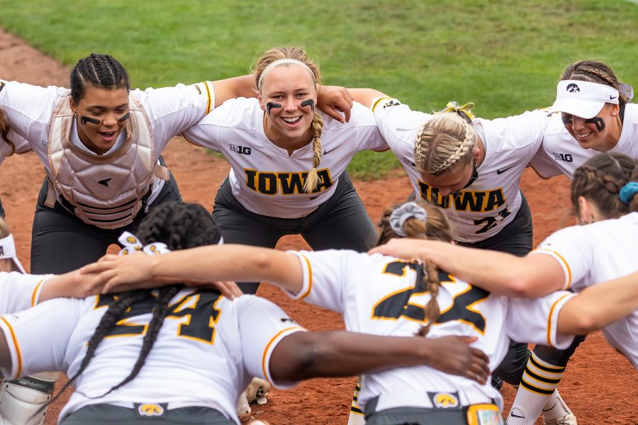 The+Iowa+Hawkeyes+get+ready+for+their+game+before+the+Iowa+Softball+senior+game+against+Illinois+on+May+16%2C+2021+at+Bob+Pearl+Field.+Iowa+defeated+Illinois+4-3.+
