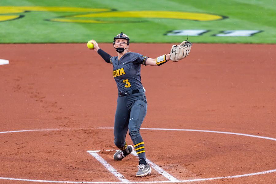 Iowa right-hand pitcher Allison Doocy pitches the ball during the Iowa Softball game against Illinois on May 14, 2021 at Bob Pearl Field. Iowa defeated Illinois 3-1. 