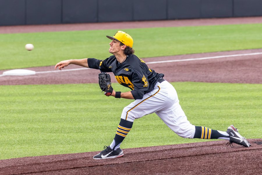 Iowa right-hand pitcher Jacob Henderson pitches the ball during the Iowa Baseball game against Illinois on May 15, 2021 at Duane Banks Field. Illinois defeated Iowa 14-1. 