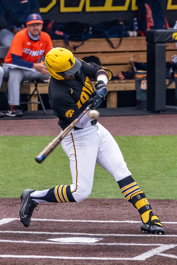 Iowa infielder Matthew Sosa hits the ball during the Iowa Baseball game against Illinois on May 15, 2021 at Duane Banks Field. Illinois defeated Iowa 14-1. 