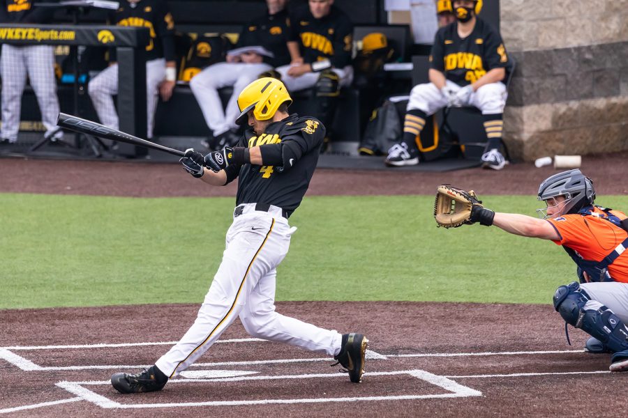 Iowa infielder/outfielder Brayden Frazier swings at a pitch during the Iowa Baseball game against Illinois on May 15, 2021 at Duane Banks Field. Illinois defeated Iowa 14-1. 