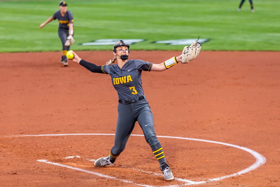 Iowa right-hand pitcher Allison Doocy pitches the ball during the Iowa Softball game against Illinois on May 14, 2021 at Bob Pearl Field. Iowa defeated Illinois 3-1. 