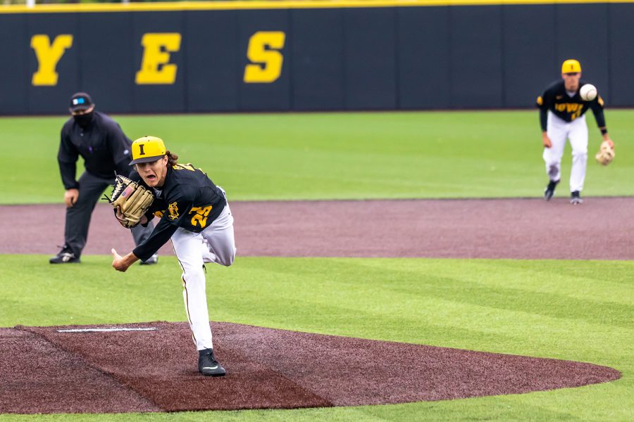 Iowa left-hand pitcher Ben Beutel pitches the ball during the Iowa Baseball game against Illinois on May 15, 2021 at Duane Banks Field. Illinois defeated Iowa 14-1. 